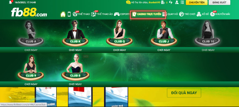 Các trò chơi trong sảnh casino FB88